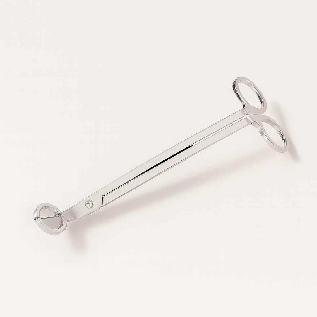 Silver candle wick trimmer on neutral background, luxury candle accessory