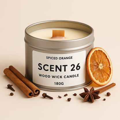 Warm Christmas Spiced Orange wood wick candle in metal tin