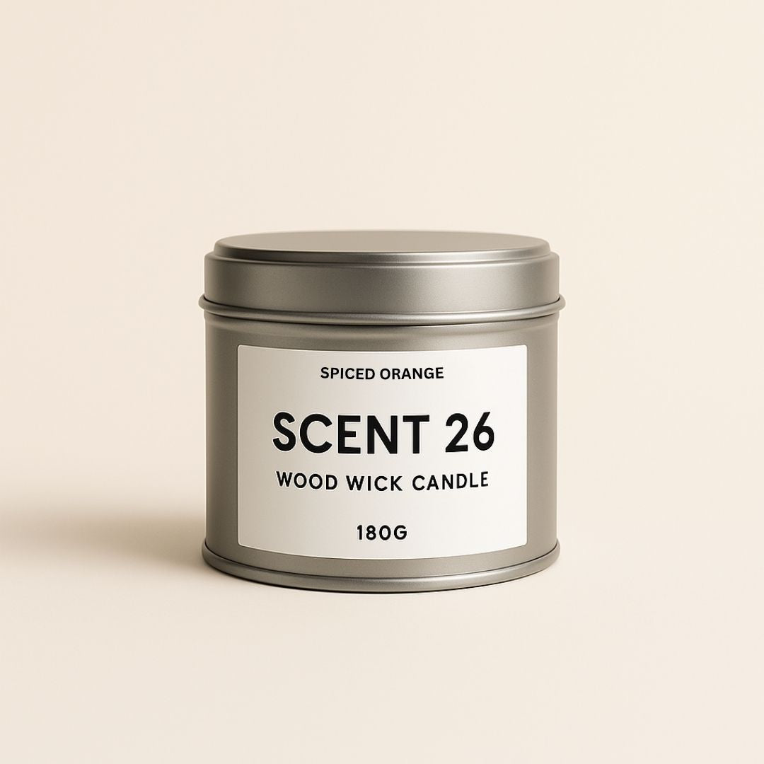 Spiced Orange Wood Wick Tin Candle by Scent 26 on soft neutral background