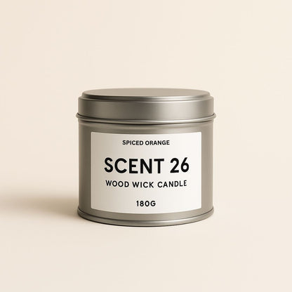 Spiced Orange Wood Wick Tin Candle by Scent 26 on soft neutral background