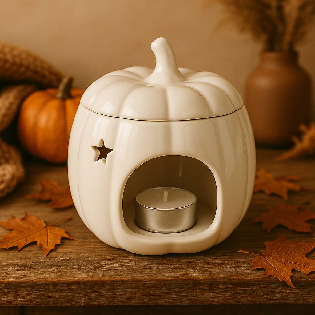 Elegant white pumpkin-shaped wax melt burner with a smooth, matte finish, ideal for creating a warm, inviting ambiance during the fall season. Perfect for use with wax melts or essential oils