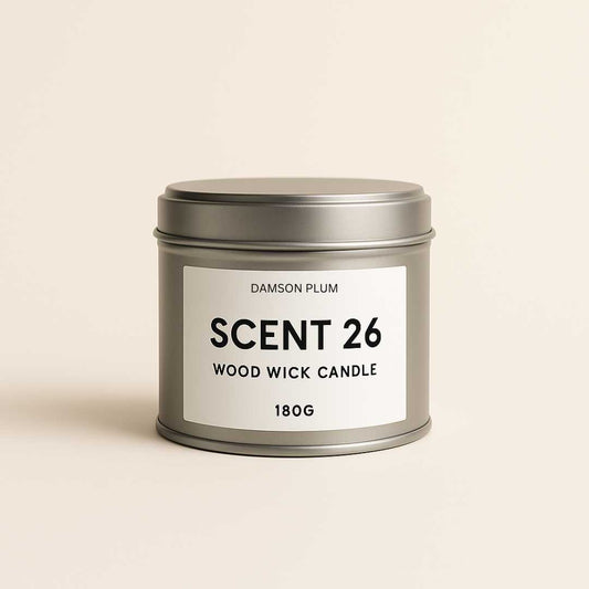 Damson Plum Rose and Patchouli wood wick tin candle, 180g in silver tin with white label, luxury home fragrance
