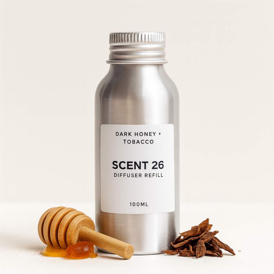 Scent 26 Dark Honey + Tobacco diffuser refill 100ml bottle styled with honey dipper, amber resin and dried tobacco leaves, representing a warm, rich, masculine home fragrance