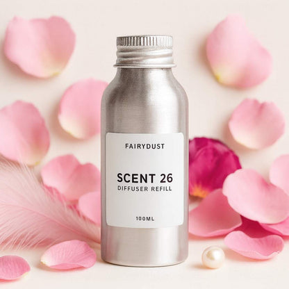 Scent 26 Fairydust diffuser refill 100ml bottle surrounded by pink petals, feather and pearl props, capturing a soft floral and powdery fragrance in a minimalist luxury style.