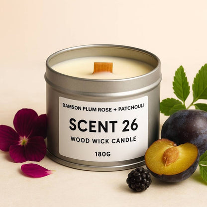 Scent 26 Damson Plum Rose + Patchouli wood wick candle – rich floral and fruity luxury candle handmade in the UK.