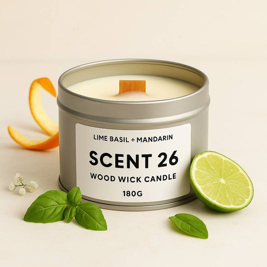 Scent 26 Lime Basil + Mandarin wood wick candle – refreshing citrus luxury candle handmade in the UK